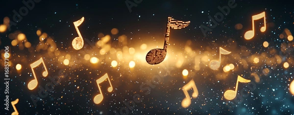 Fototapeta Floating music notes create magical atmosphere with shimmering lights and vibrant background, evoking sense of joy and creativity