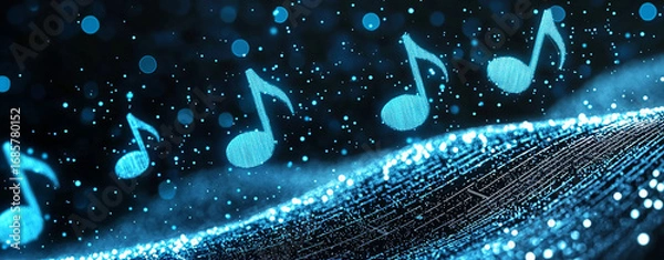 Fototapeta Floating music notes create mesmerizing holographic effect over shimmering surface, evoking sense of wonder and creativity