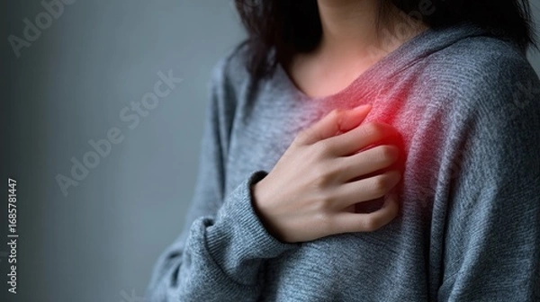Fototapeta Chest Pain: Person Holding Their Chest. Possible heart issue, muscle sprain, or general illness. Gray wall in the background adds to the seriousness.