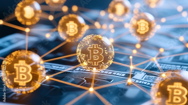 Fototapeta Digital art of cryptocurrency transactions with glowing Bitcoin symbols connected by lines over background of banknotes, symbolizing finance