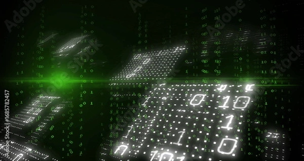 Fototapeta Floating panels displaying binary code in dark void, with green numeric rain and horizontal flare
