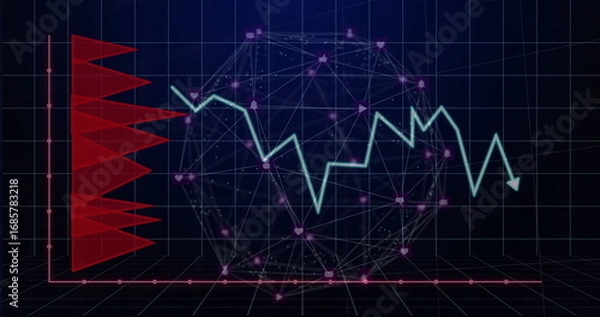 Fototapeta Visualizing glowing sphere, blue line graph, red bar chart over 3D grid plane in digital space