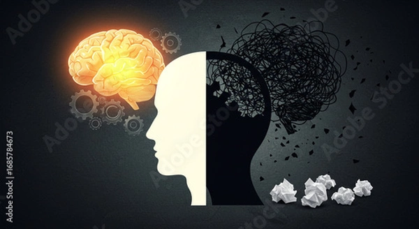 Fototapeta Stunning dual-sided brain graphic illustrating mental clarity versus chaos and confusion