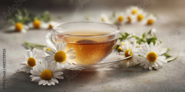 Obraz Cup of chamomile tea with fresh chamomile flowers around, herbal infusion symbolizing relaxation, health and natural healing - AI generated
