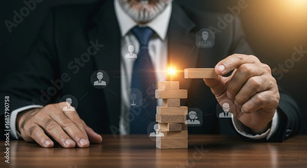 Fototapeta Experienced leader carefully builds team structure with wooden blocks and glowing success.