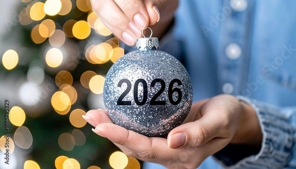 Fototapeta Glittering 2026 Holiday Ornament Held in Hands by a Festive Christmas Tree. AI Generative Illustration