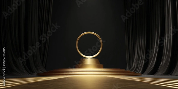 Obraz Golden circle stage podium with luxury black curtains dramatic lighting - AI generated
