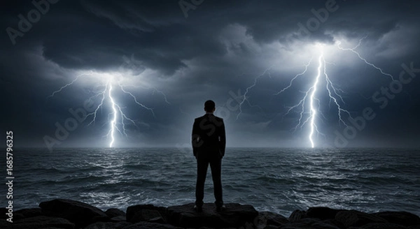 Fototapeta Determined businessman facing powerful lightning storm over turbulent sea, embodying resilience and challenge