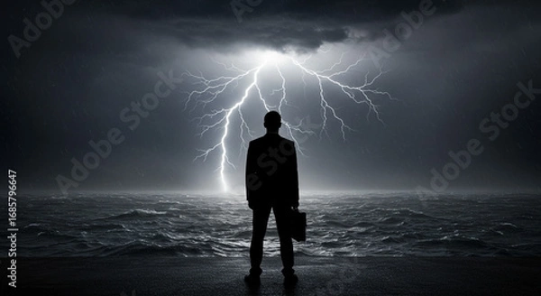 Fototapeta Resilient businessman confronts storm's fury, symbolizing challenges and strength in the face of adversity.