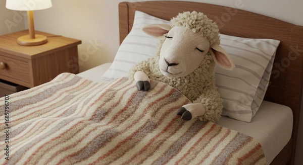 Fototapeta Cozy sheep peacefully sleeping under a warm blanket in a comfortable bed at night