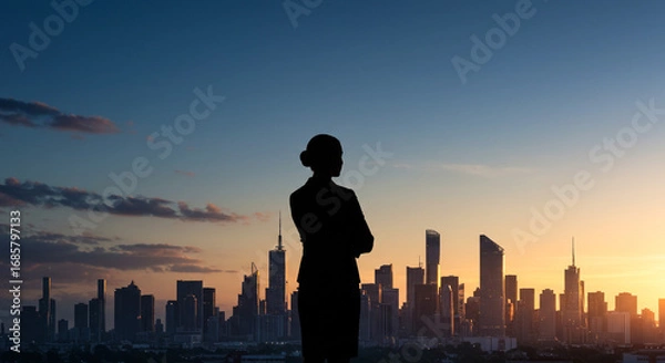 Fototapeta Confident businesswoman overlooking cityscape at sunset, symbol of ambition and success