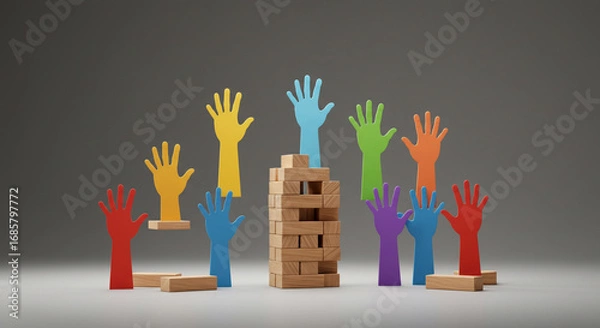 Fototapeta Diverse hands reaching for success symbolizing teamwork, unity, and collaboration on gray backdrop