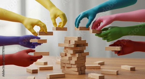 Fototapeta Diverse hands building a wooden tower together, teamwork, strategy, and collaboration concept