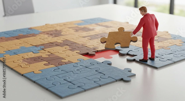 Fototapeta Businessman connecting puzzle piece, teamwork and problem-solving concept for success