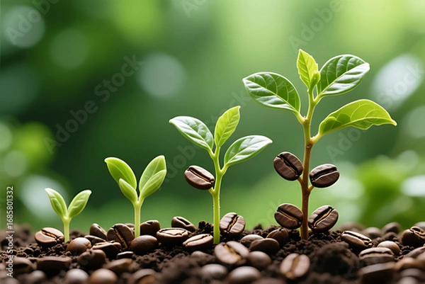Fototapeta Coffee seedlings sprouting from soil surrounded by roasted beans, symbolizing growth, agriculture, and sustainability. Ideal for farming, beverage, and eco-friendly themes. Captures coffee's 
