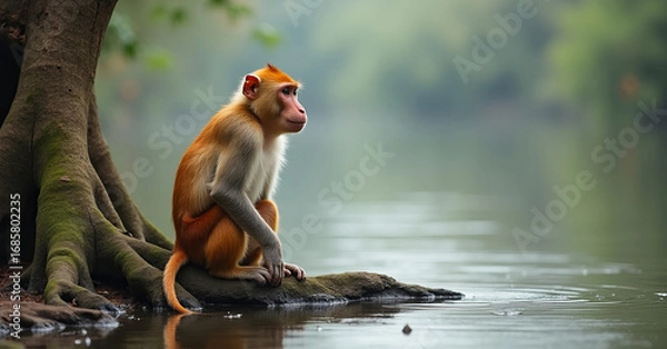 Obraz Proboscis monkey perched on a tree root beside a calm river
