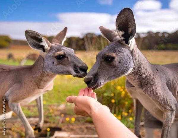 Obraz Two kangaroos eating from a hand