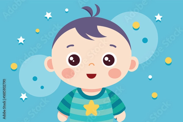 Fototapeta Happy cartoon baby with star on shirt in playful blue background with stars and circles
