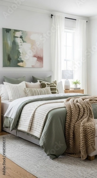 Obraz A Serene and Stylish Modern Bedroom with Sage Green Accents, Neutral Tones, and Natural Light, Featuring a Cozy Bed, Abstract Art, and Wood Flooring for a Tranquil Retreat