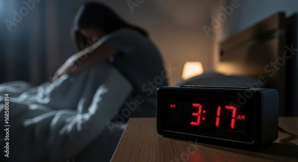 Obraz sleepless night woman in bed with digital alarm clock
