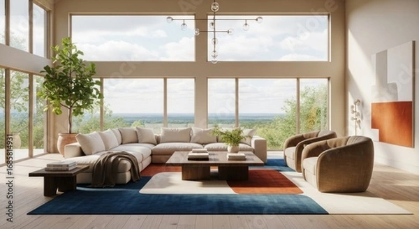 Obraz Modern Open Plan Living Room with Panoramic Nature Views, Neutral Sectional Sofa, Geometric Rug, and Stylish Contemporary Decor under a High Ceiling