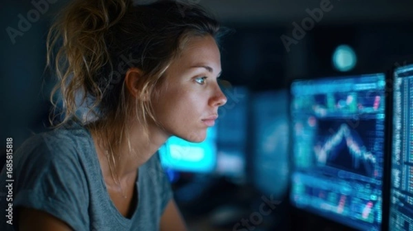 Fototapeta a woman is looking at a computer screen