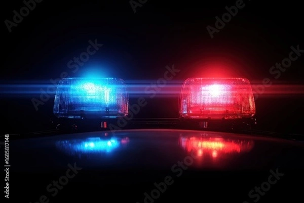 Fototapeta Red and blue flashing lights create a dramatic effect on a dark background as emergency response vehicles prepare for action at night