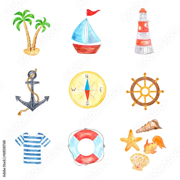 Obraz Watercolor Collection of Sea Vacation Elements, Isolated on White