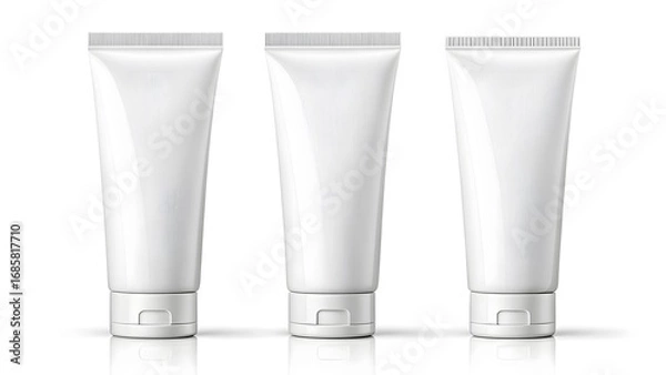 Fototapeta Three blank white cosmetic tubes with silver caps and reflection on white background
