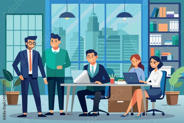 Fototapeta Team collaboration in a modern office setting during a business meeting in a city