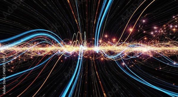 Obraz Abstract AI Wavy digital technology lines with bright lights and dark void background landscape.