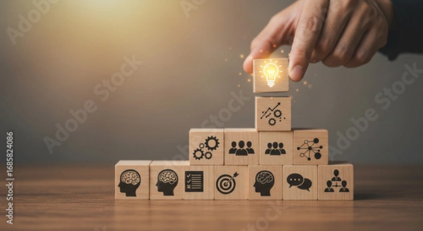 Fototapeta Building innovative business strategies with teamwork and bright ideas, step by step to success.