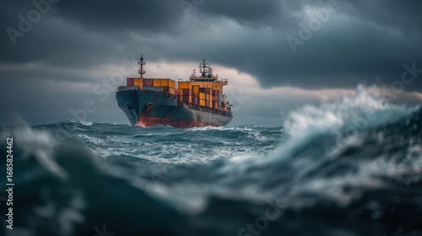 Obraz Cargo ship navigating rough seas ocean waters maritime photography stormy environment dramatic viewpoint adventure concept