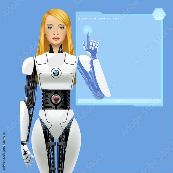 Fototapeta Beautiful blonde biorobot girl standing in front and pointing with his finger up in a rectangular transparent luminous frame. Vector realistic illustration in 3d style