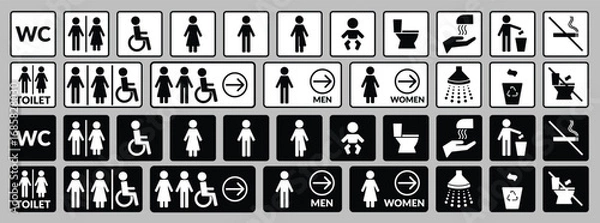 Fototapeta WC icons set with restroom, man, woman, handicapped, mother with baby, shower, trash, and no smoking symbols.