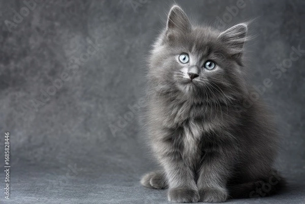 Fototapeta Fluffy gray kitten gazing curiously on a neutral gray background during a calm afternoon