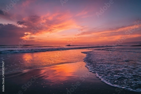Fototapeta Serene sunset paints Playa El Tunco in vibrant hues as waves gently lap the shore in El Salvador
