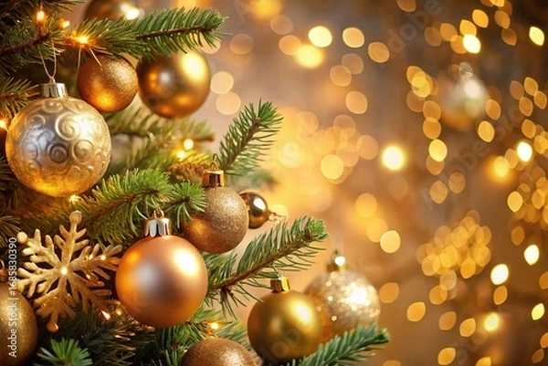 Fototapeta Elegant Christmas Tree with Golden Ornaments and Bokeh Lights for Festive Season