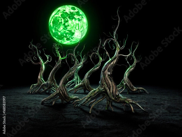 Obraz Gnarled Trees Under Glowing Green Moon twisted branches