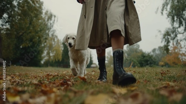 Fototapeta Dog and owner on autumn leaves, low angle view, neutral color palette