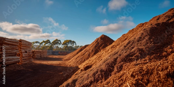 Fototapeta Large piles of wood chips and logs creating a mountainous landscape in lumber yard