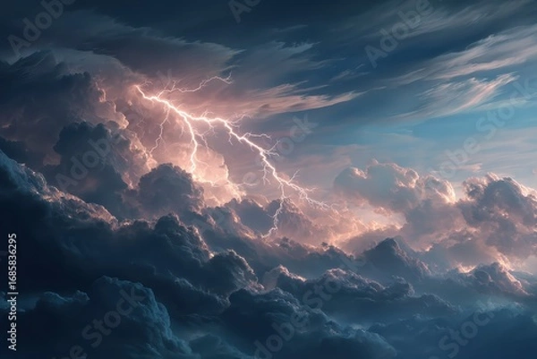 Fototapeta Majestic lightning strike illuminates dark clouds above a serene landscape during a vibrant sunset in a vivid anime-style background