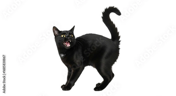 Fototapeta A black cat with arched back hissing with green eyes and tail up isolated on black background looking angry