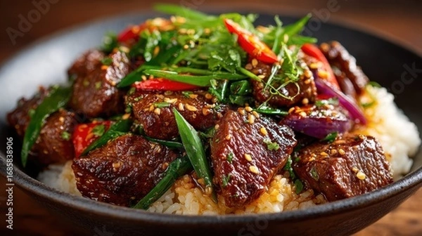 Obraz Delicious Asian Beef Stir Fry with Rice, Vegetables and Sesame Seeds