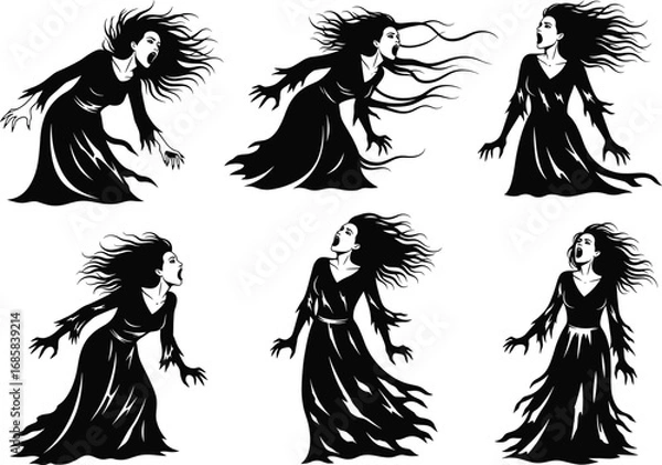 Fototapeta Gothic Screaming Woman Silhouettes, Haunted Female Ghost Illustrations, Spooky Horror Witches in Long Dresses with Flowing Hair Vector Set