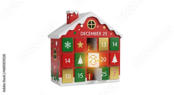Fototapeta A christmas advent calendar in the shape of a house with an opened door on december twenty five