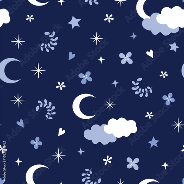 Fototapeta Dreamy seamless night sky pattern with crescent moons, stars, soft clouds, flowers, delicate leaves on a deep navy background. Ideal for baby products, nursery, fabric prints, textile and night theme
