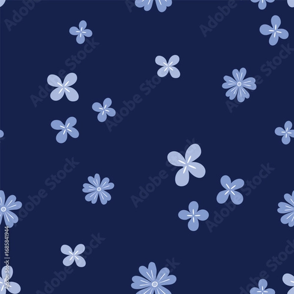 Fototapeta Minimalistic floral seamless pattern with soft lavender flowers on a dark blue background. Elegant, clean blossom design suitable for stationery, fashion prints, textile, wallpapers, fabric, packaging