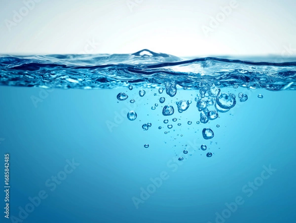 Fototapeta Clear blue water with rising bubbles isolated on white background. AI generated.
