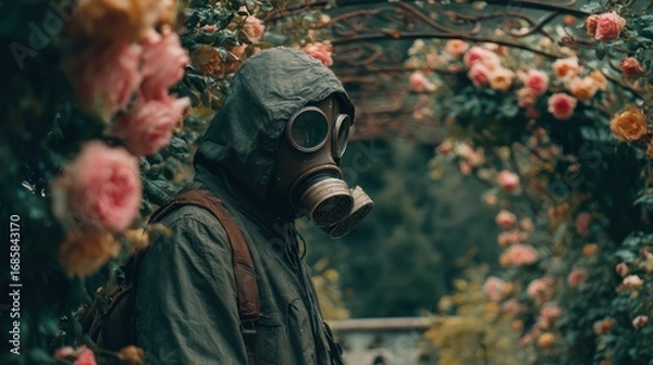 Fototapeta Hooded figure with gas mask stands amid blooming roses in an overgrown garden